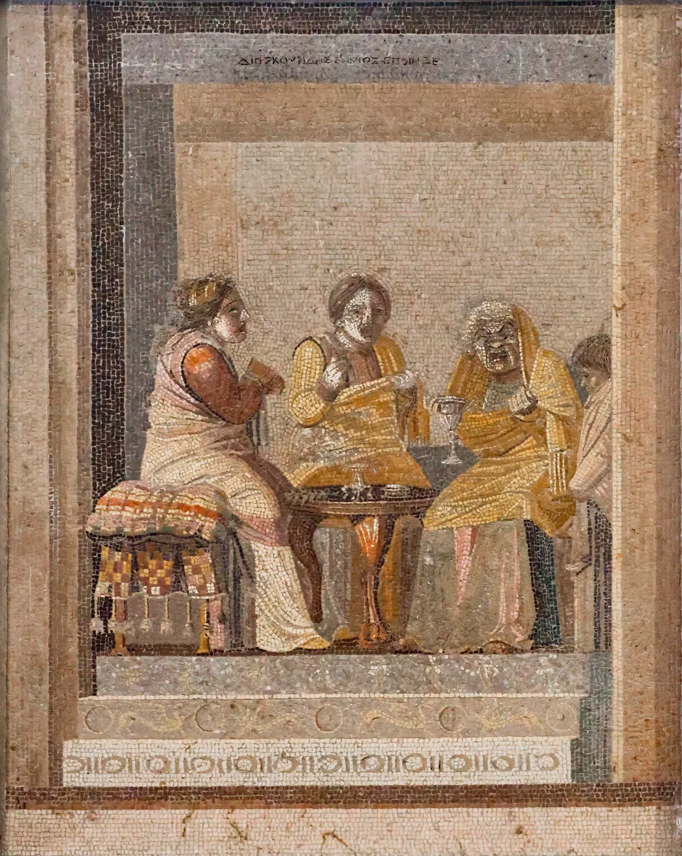 Mosaico de Pompeya con una escena de comedia, El consejo de la hechicera