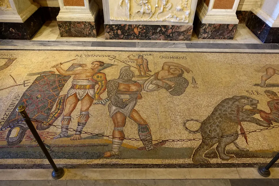 Gladiadores, fragmento de mosaico