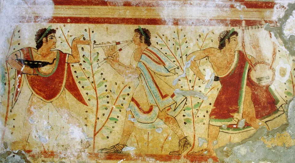 Bailarines y músicos, tumba de los Leopardos, Tarquinia
